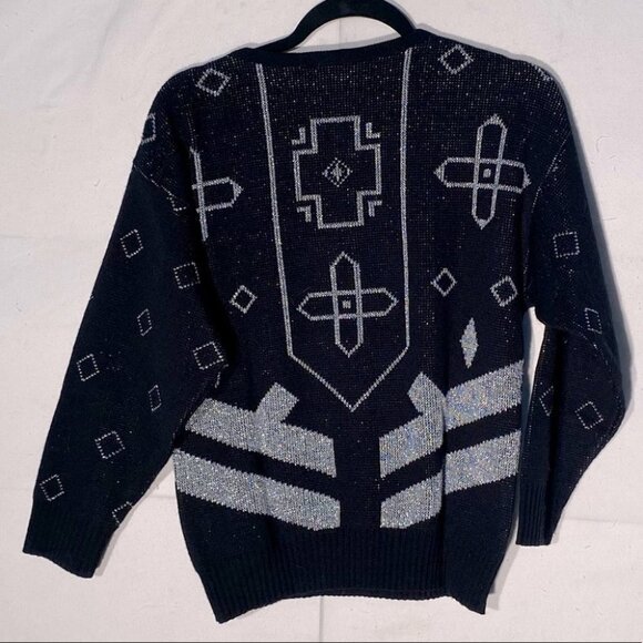 Vintage Paris Star Black Silver Knit Crew Neck Sweater S - Picture 8 of 9